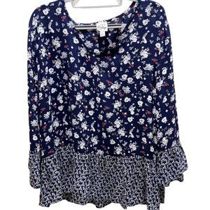 Como Vintage Navy, White, Red Floral Boho Ruffled Top Sz L